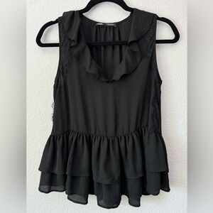 Zara Blouse Women's X-Small‎ Black Ruffle Lace Sleeveless Classic Casual